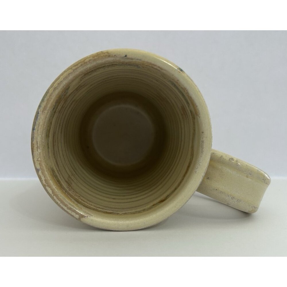 Studio Pottery Mug Tall 5 1/2 inches Drip Glaze Beige Brown Blue Signed Glosssy - Picture 5 of 16